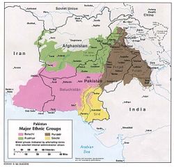 Major Ethnic Groups in Pakistan and surrounding areas, 1980. The Baloch are shown in pink.